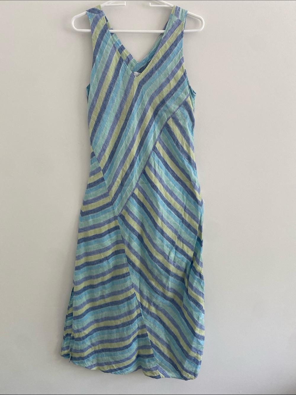 J Jill Linen Double V Sleeveless Bias Striped Grn Aqua Maxi Coastal Dress SMALL